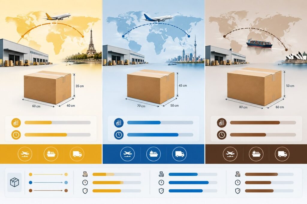 International shipping carrier comparison with dimensional weight surcharges and transit time