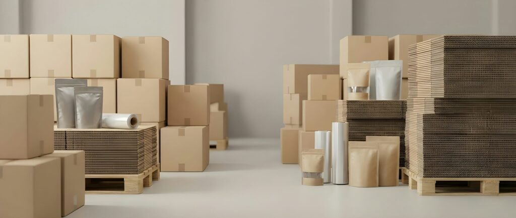 Cardboard boxes and packaging materials in a warehouse
